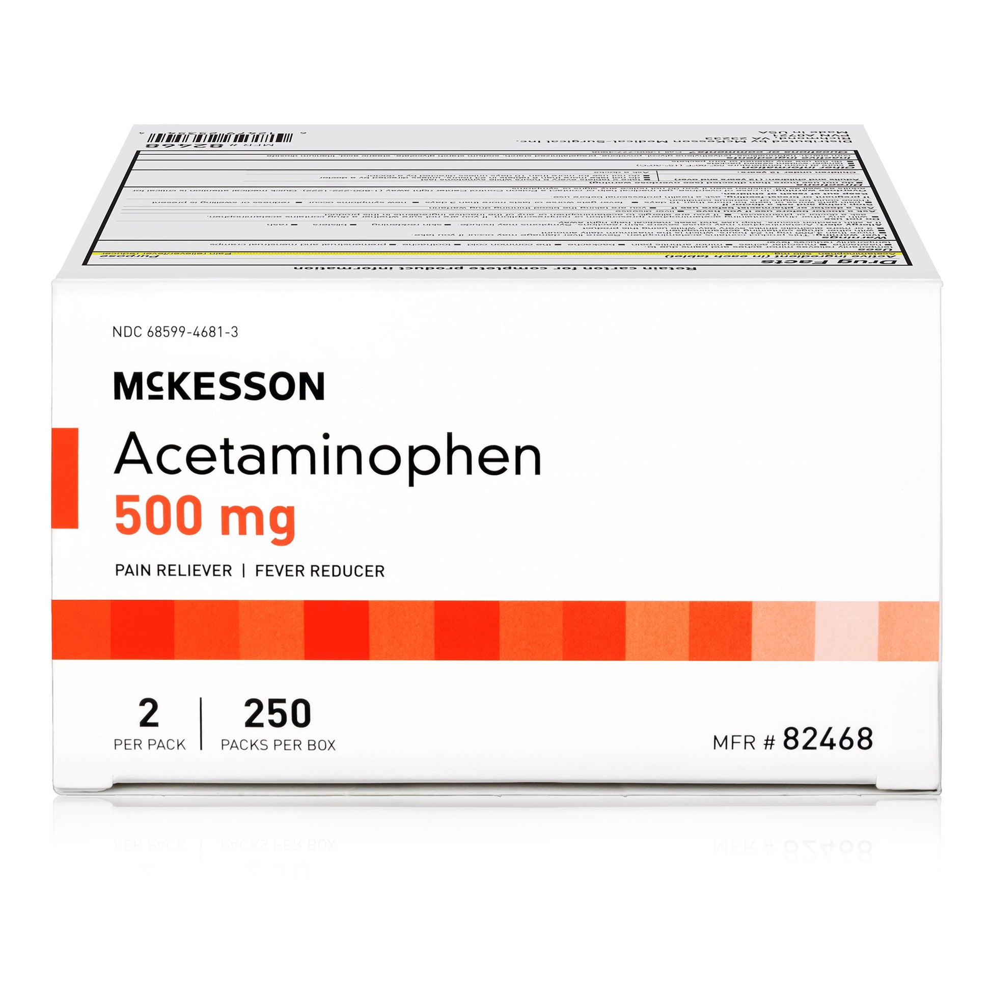 Box of McKesson Acetaminophen 500 mg pain reliever on a white background