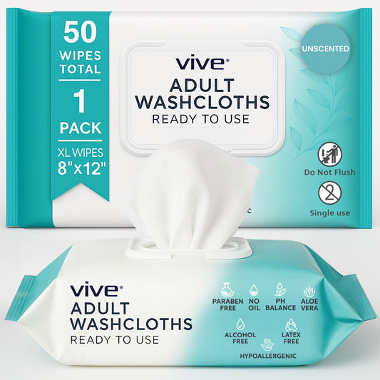 Vive adult washcloth packaging with a close-up of the product on a light gray background