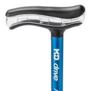 Blue handle with black grip and clear plastic component on a white background