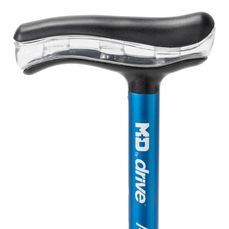 Blue handle with black grip and clear plastic component on a white background