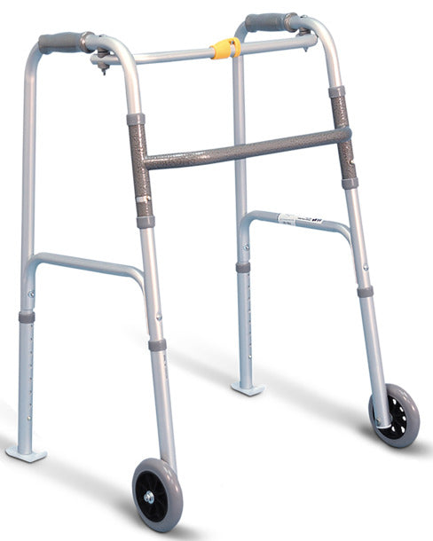 Silver walker with wheels on a white background