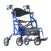 Blue walker with black seat and bag on a white background