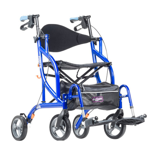 Blue walker with black seat and bag on a white background