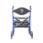 Blue wheelchair with a black seat cover on a white background
