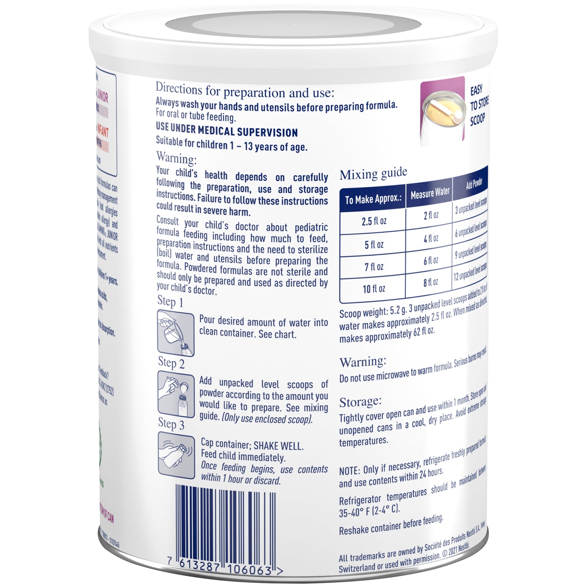 Back of a baby formula can with text and instructions on a white background