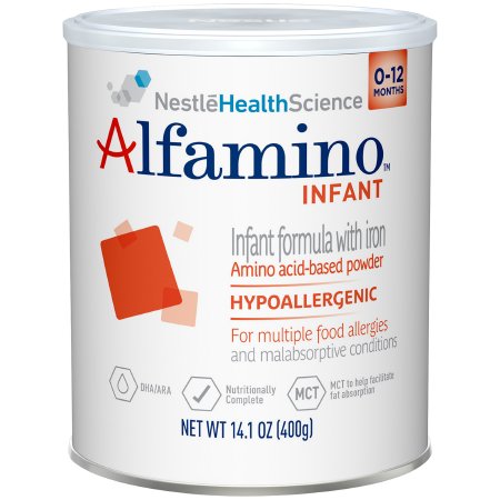 Nestle HealthScience Alfamino Infant formula can on a white background