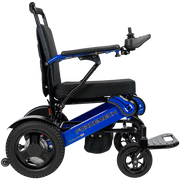 A blue and black electric wheelchair with a high backrest, three wheels, and a joystick control, shown from a side profile on a white background.