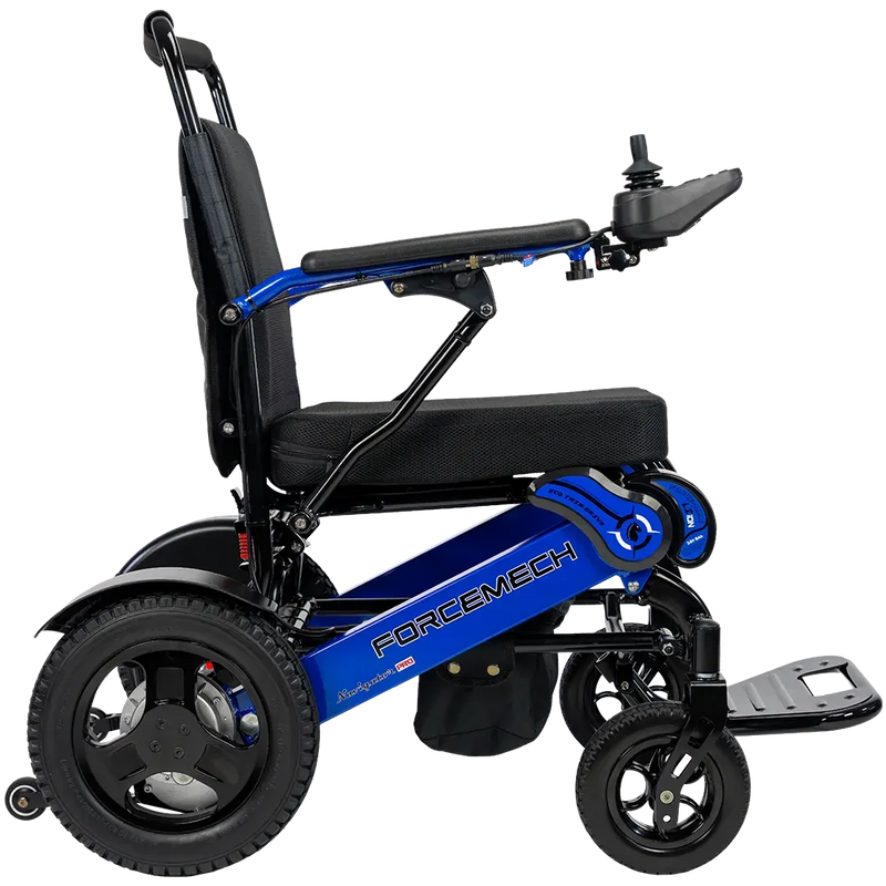 A blue and black electric wheelchair with a high backrest, three wheels, and a joystick control, shown from a side profile on a white background.