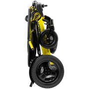 A folded electric golf cart with a bright yellow and black frame, featuring two black wheels and the brand name 'MECH' printed vertically on the frame, shown against a solid white background.