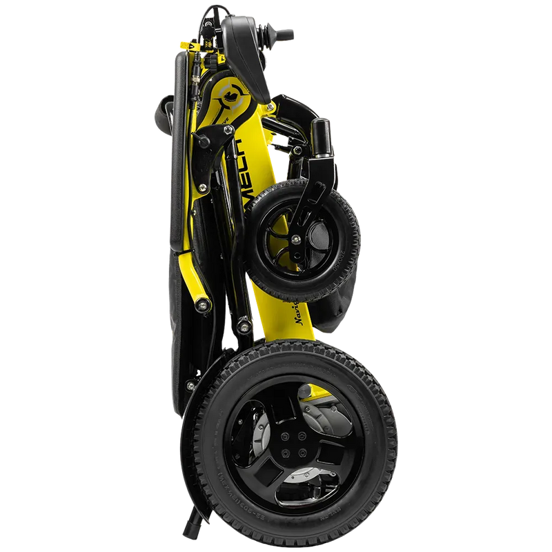 A folded electric golf cart with a bright yellow and black frame, featuring two black wheels and the brand name 'MECH' printed vertically on the frame, shown against a solid white background.