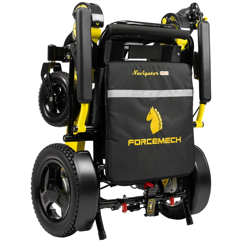 A folded electric wheelchair shown from a rear three-quarter angle on a white background. The wheelchair features a black fabric seat bag with yellow branding for 'FORCEMECH' and 'Navigator', mounted on a black and yellow frame.