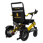 A yellow and black FORCEMECH Navigator electric wheelchair with a padded backrest, shown from a three-quarter rear angle against a white background.