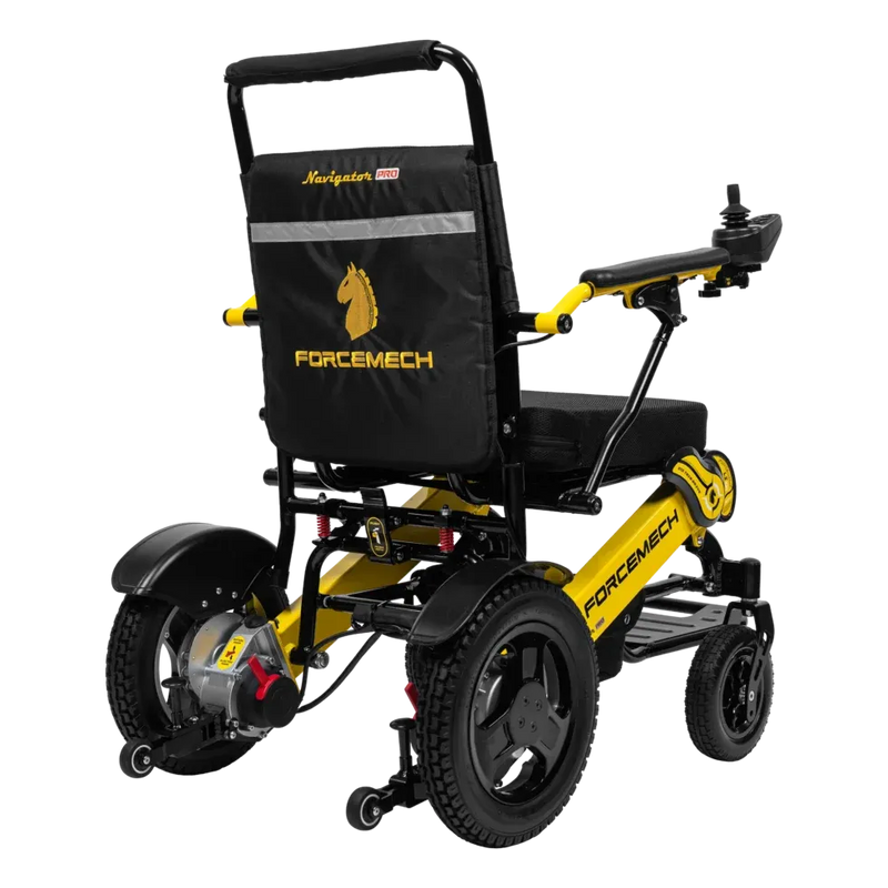 A yellow and black FORCEMECH Navigator electric wheelchair with a padded backrest, shown from a three-quarter rear angle against a white background.