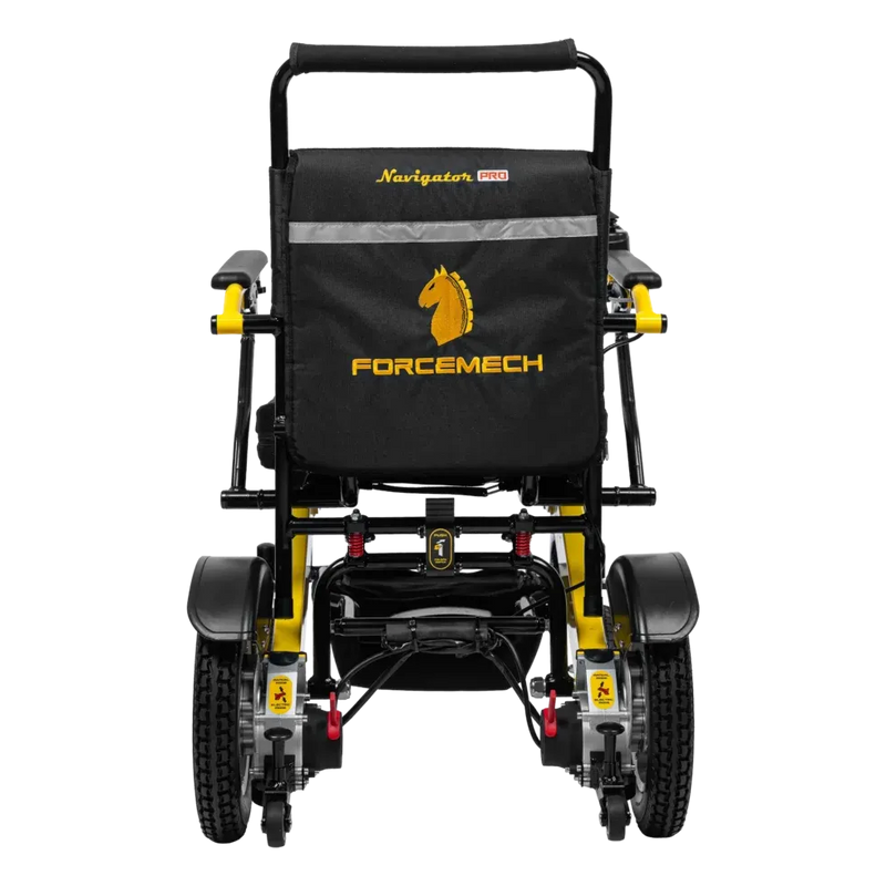A black and yellow FORCEMECH Navigator electric wheelchair shown from the rear against a white background.