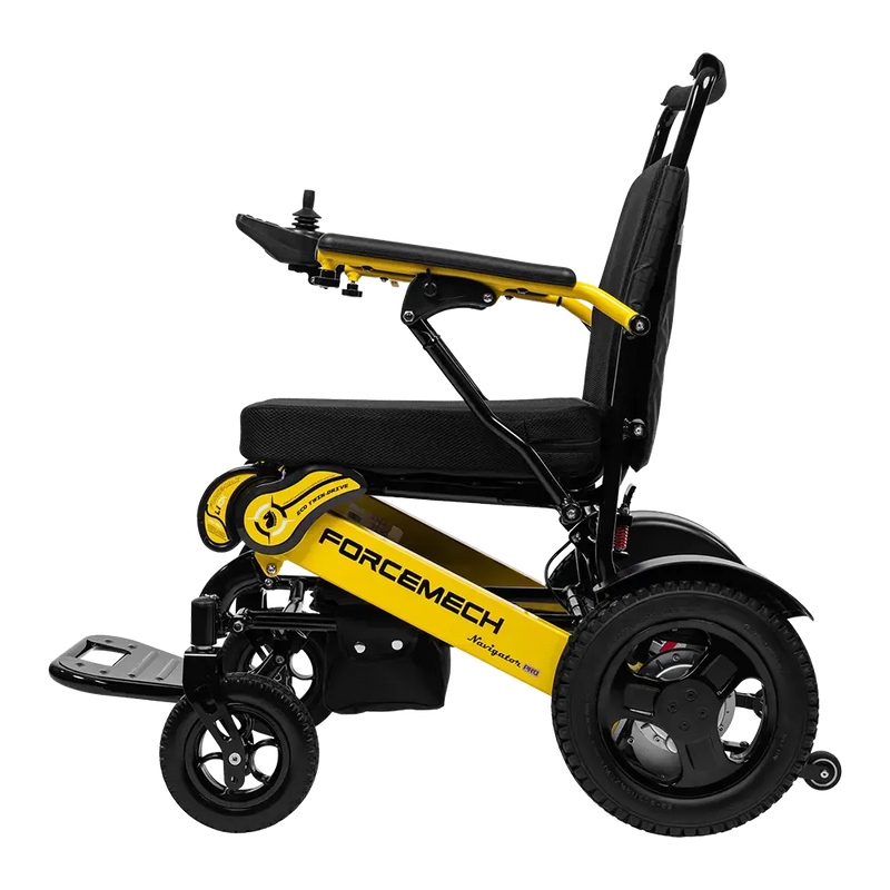 A yellow and black electric wheelchair shown from a side profile view against a solid white background. The brand name 'FORCEMECH' is clearly printed on the yellow frame.