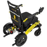 A ForceMech electric wheelchair with a black fabric seat and backrest, featuring a bright yellow frame and yellow branding, shown from a three-quarters rear angle on a white background.