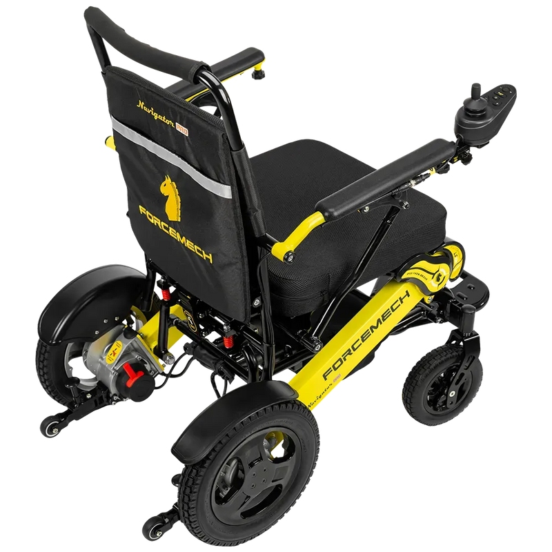 A ForceMech electric wheelchair with a black fabric seat and backrest, featuring a bright yellow frame and yellow branding, shown from a three-quarters rear angle on a white background.
