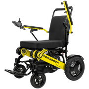 A black and yellow electric wheelchair with a padded seat, black wheels, and a control joystick, shown on a plain white background. The brand name 'FORCEMECH' is clearly visible on the yellow frame.