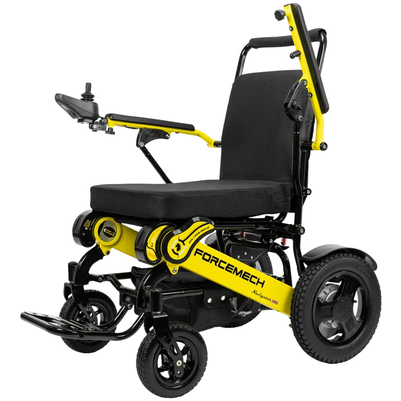 A black and yellow electric wheelchair with a padded seat, black wheels, and a control joystick, shown on a plain white background. The brand name 'FORCEMECH' is clearly visible on the yellow frame.