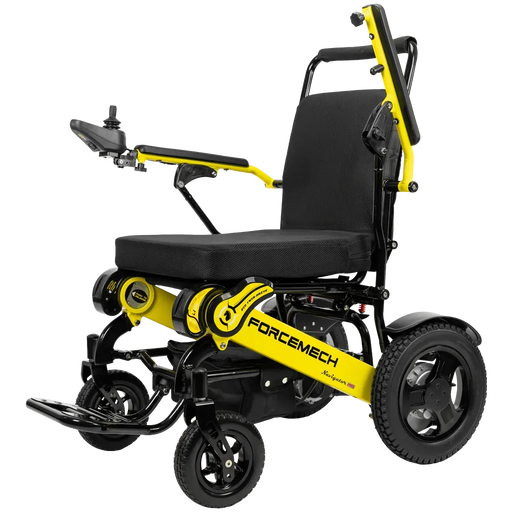 A black and yellow electric wheelchair with a padded seat, black wheels, and a control joystick, shown on a plain white background. The brand name 'FORCEMECH' is clearly visible on the yellow frame.
