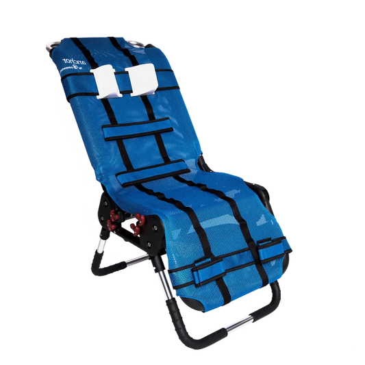 Blue folding chair with black straps on a white background