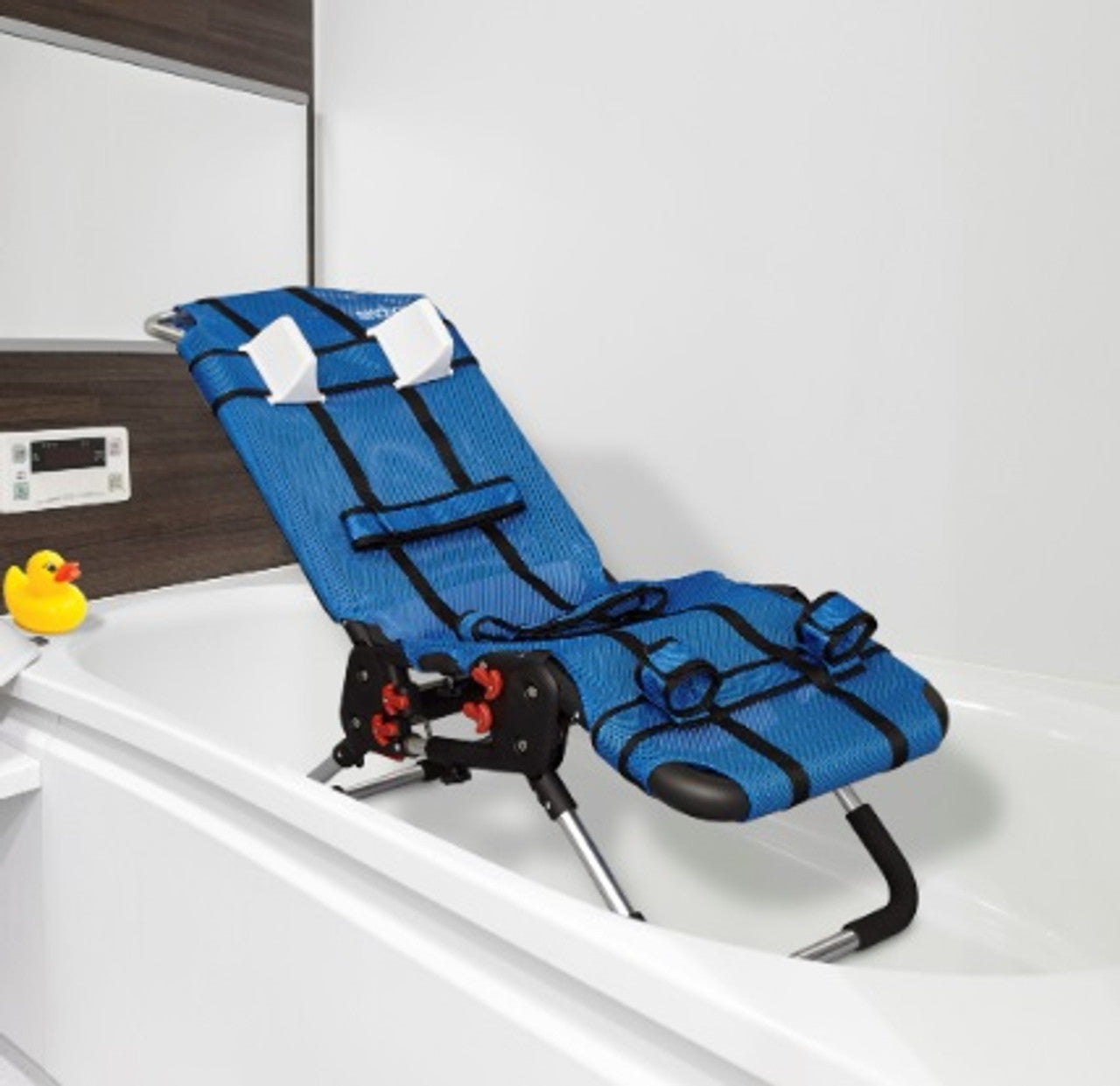 Blue bath chair with black straps on a bathtub