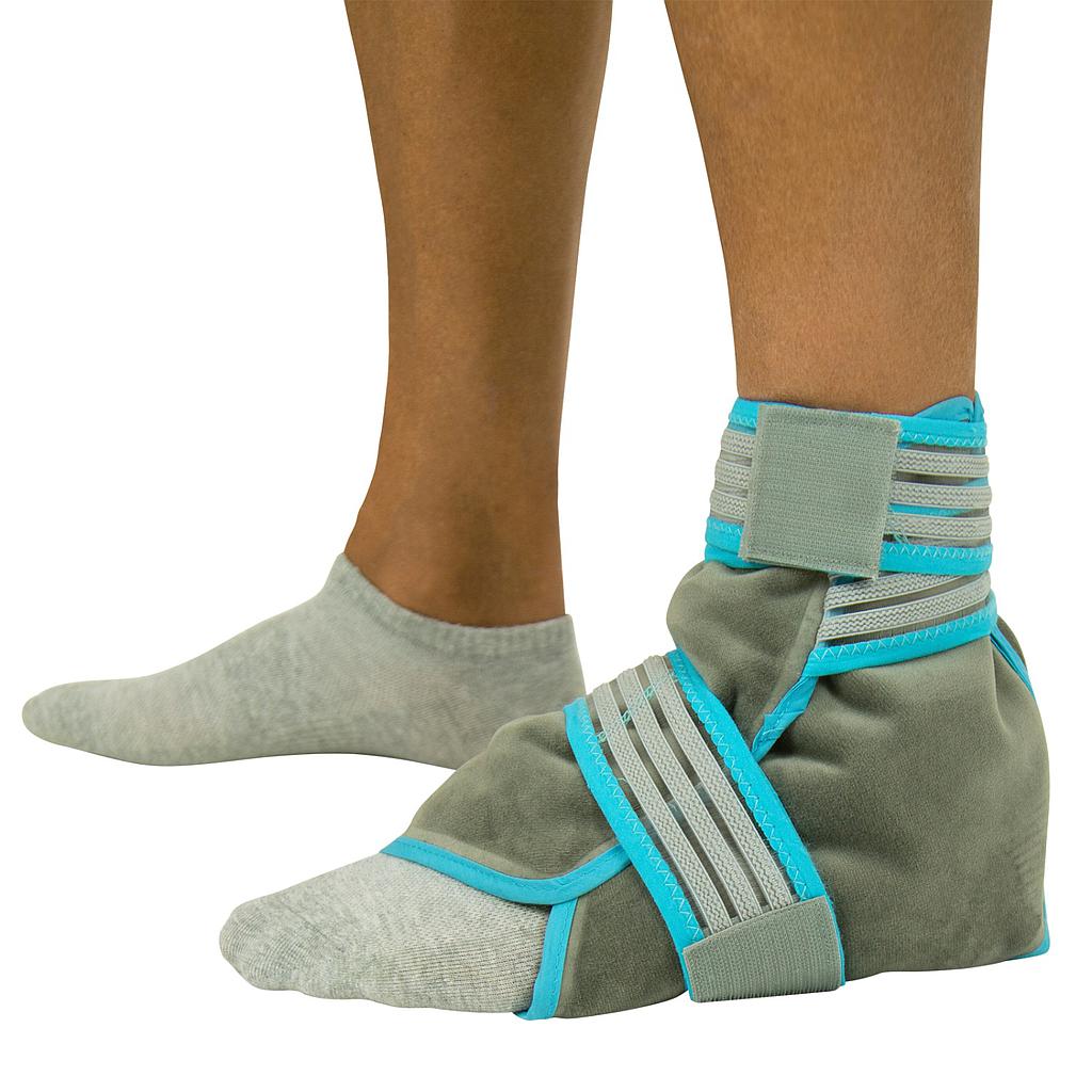 Gray ankle support brace with blue accents on a person's foot against a white background