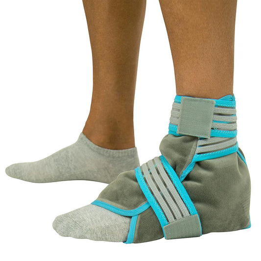 Gray ankle support brace with blue accents on a person's foot against a white background