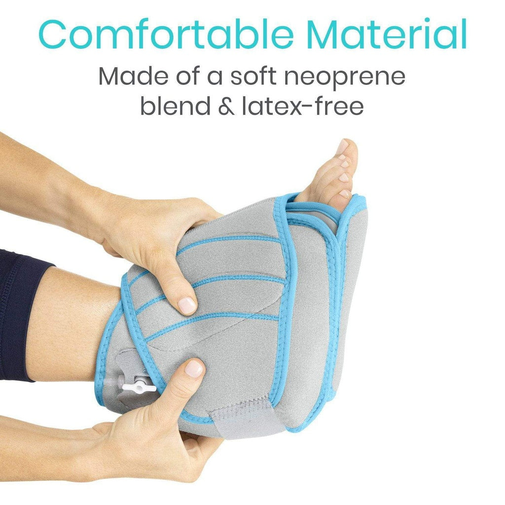 Gray knee brace with blue accents being worn, labeled as made of a soft neoprene blend and latex-free.