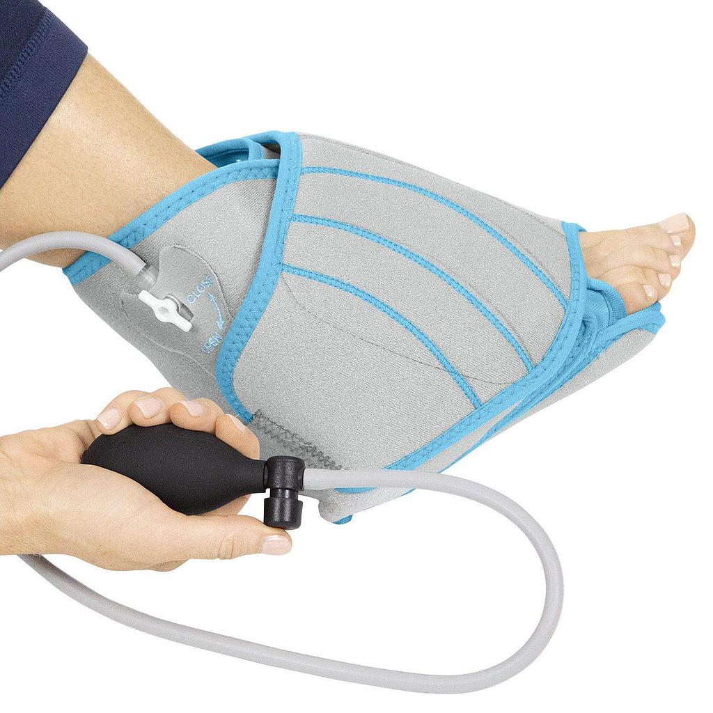 Foot compression device with a hand holding a pump on a white background