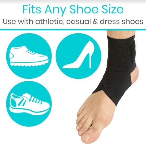 Black ankle support brace with text indicating it fits any shoe size and can be used with various types of shoes.