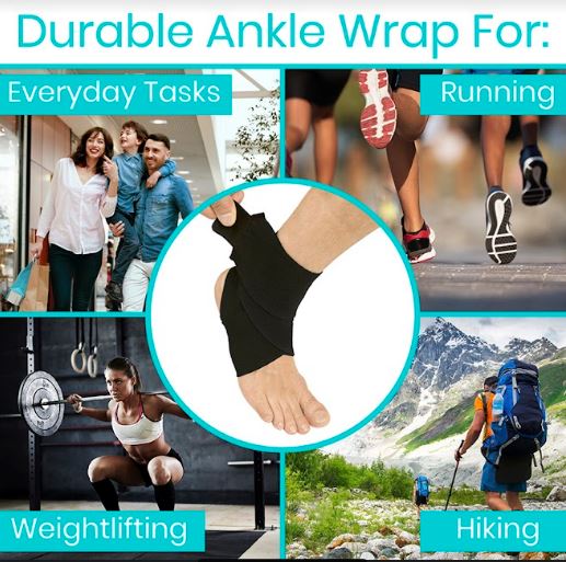 Durable ankle wrap for everyday tasks, running, weightlifting, and hiking with lifestyle images.