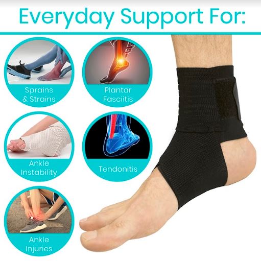 Black ankle support brace with images of foot injuries and text 'Everyday Support For' at the top.