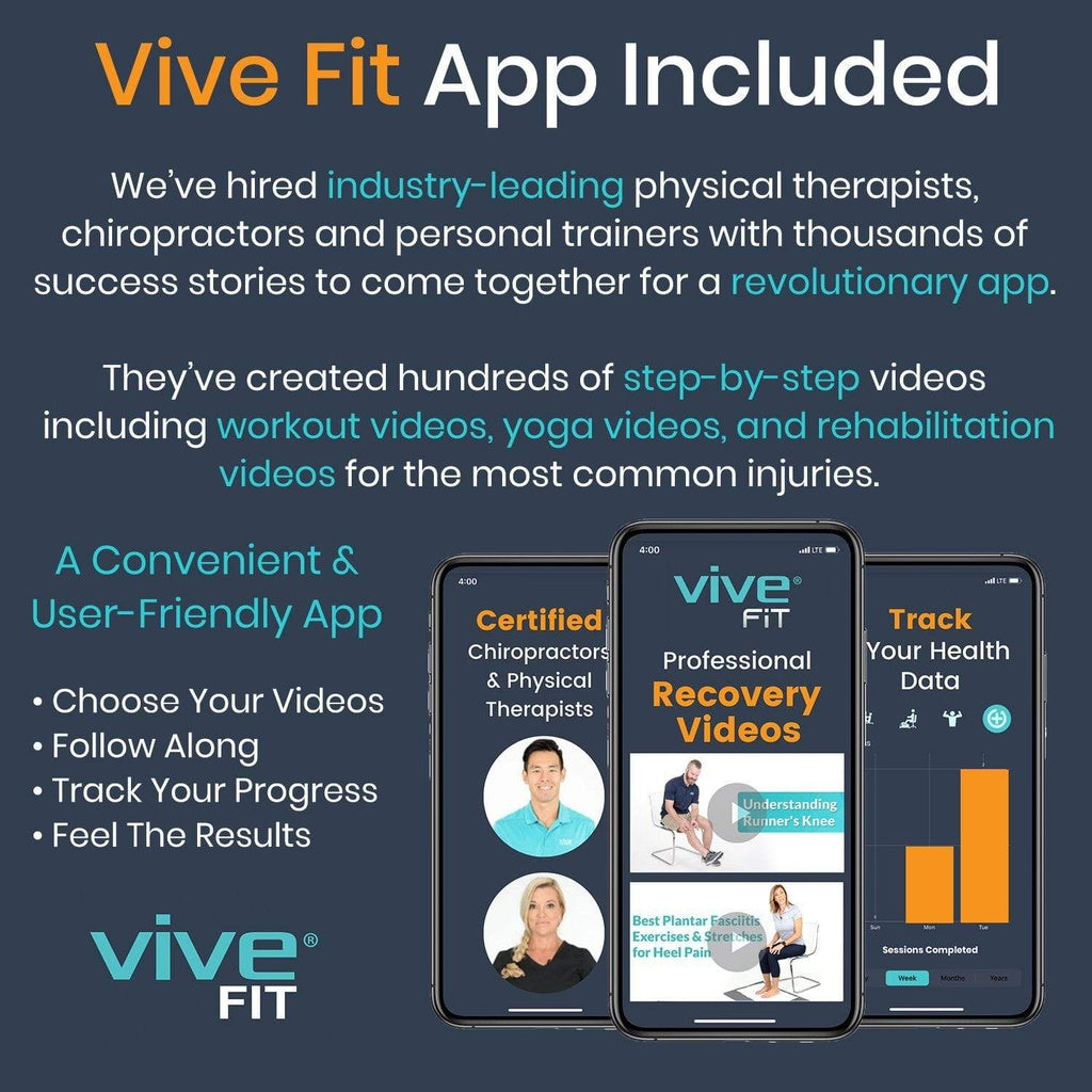 Advertisement for Vive Fit app with smartphone screens displaying app features and Vive Fit logo.