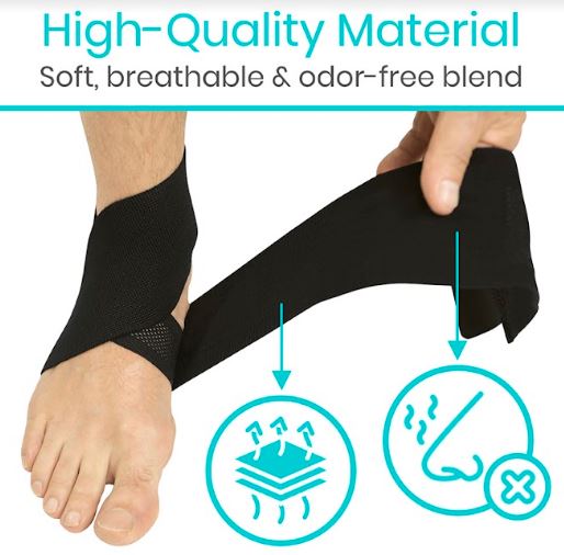 Black ankle support with text highlighting high-quality material features on a white background