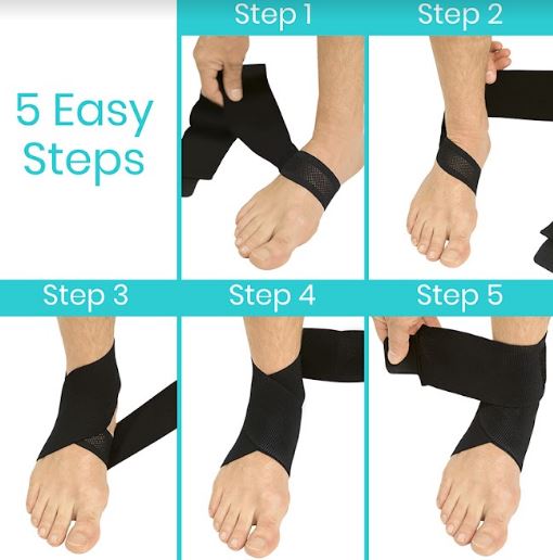 Step-by-step guide on how to wrap a foot with black compression bandage.