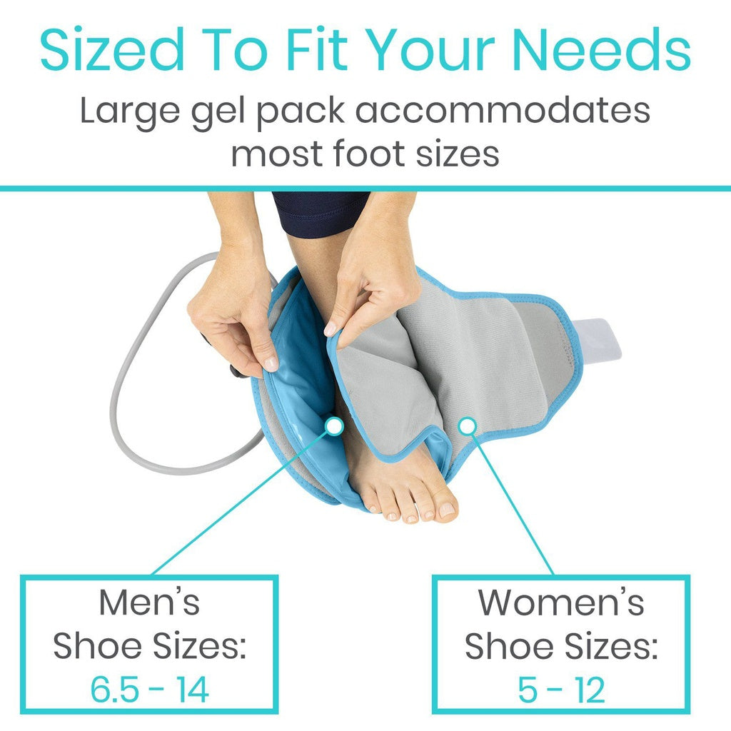 Gel pack for foot care with size chart for men's and women's shoe sizes.