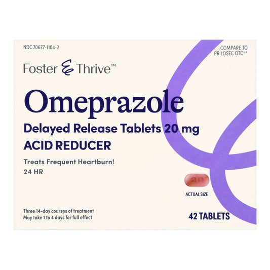 Box of Foster Thrive Omeprazole Delayed Release Tablets 20 mg on a white background