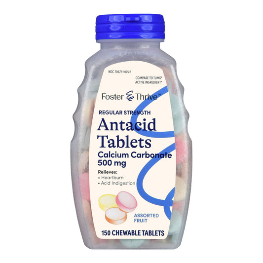 Bottle of Foster & Thrive Antacid Tablets on a white background