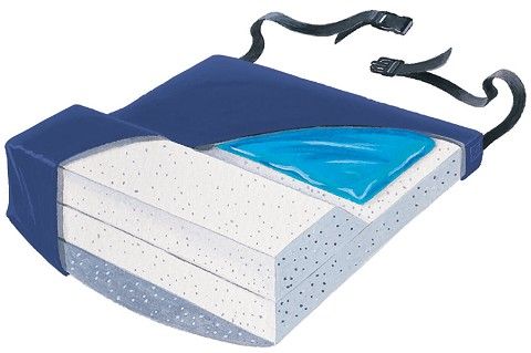 Sectional view of a gel-infused seat cushion with blue gel layer and blue cover.