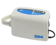 A white electronic pump device with blue branding and a blue top panel, shown on a plain white background with attached hoses.