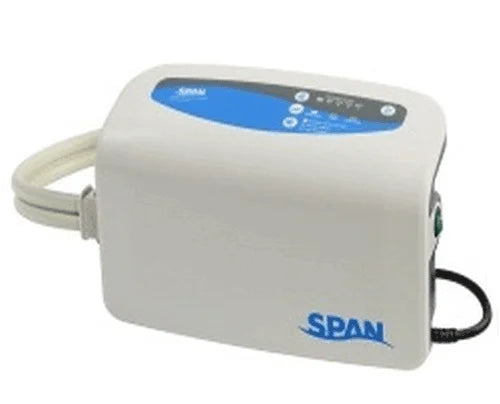 A white electronic pump device with blue branding and a blue top panel, shown on a plain white background with attached hoses.