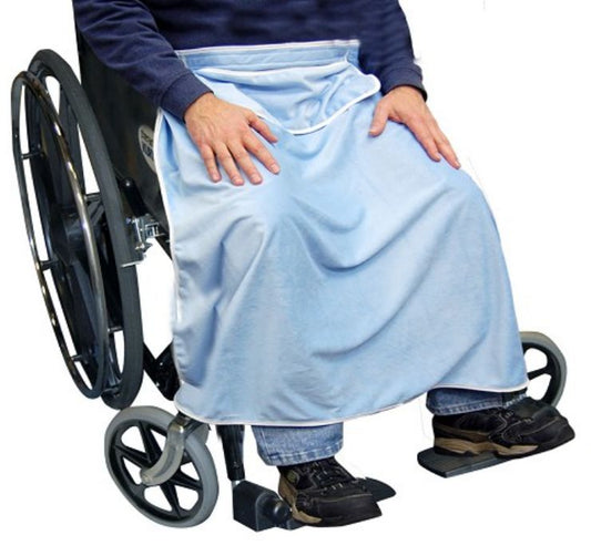Person in a wheelchair wearing a light blue slip-on coverall on a white background