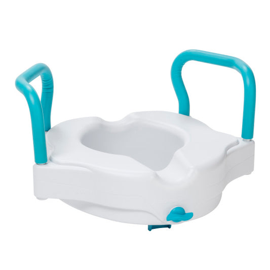 White and blue adult potty seat with handles on a white background