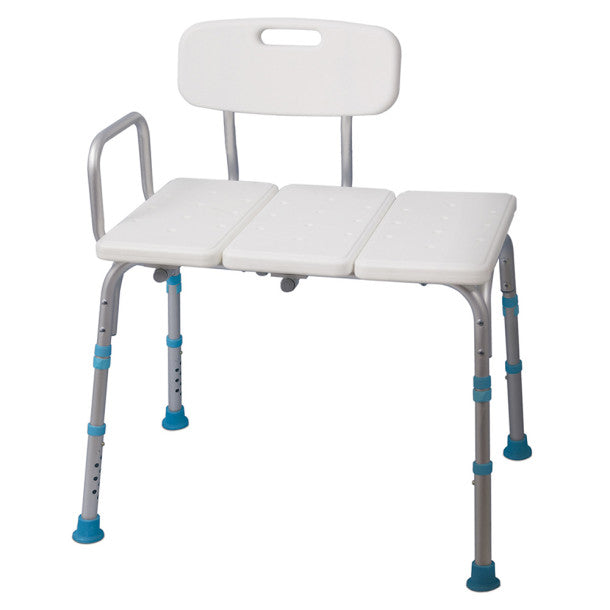 White adjustable shower chair with gray legs and blue foot pads on a white background