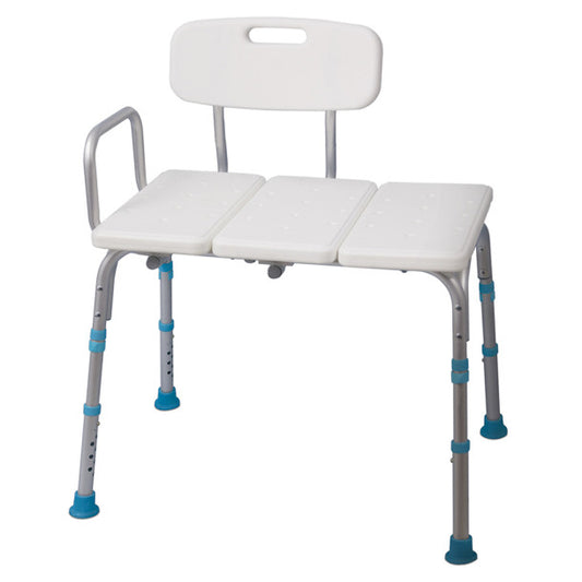 White adjustable shower chair with gray legs and blue foot pads on a white background