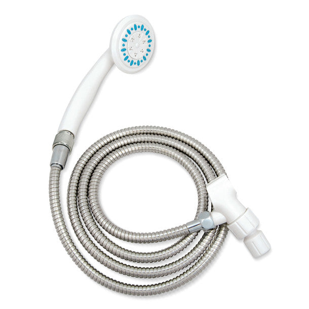 Handheld shower head with flexible hose on a white background