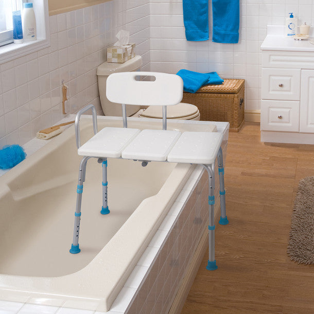 Bath aid with adjustable seat in a bathroom setting