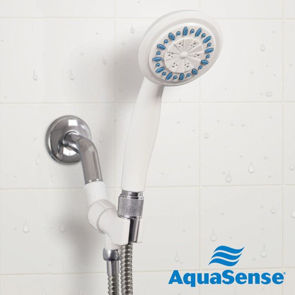 Handheld shower head with hose attached to a tiled wall, featuring the AquaSense brand logo.