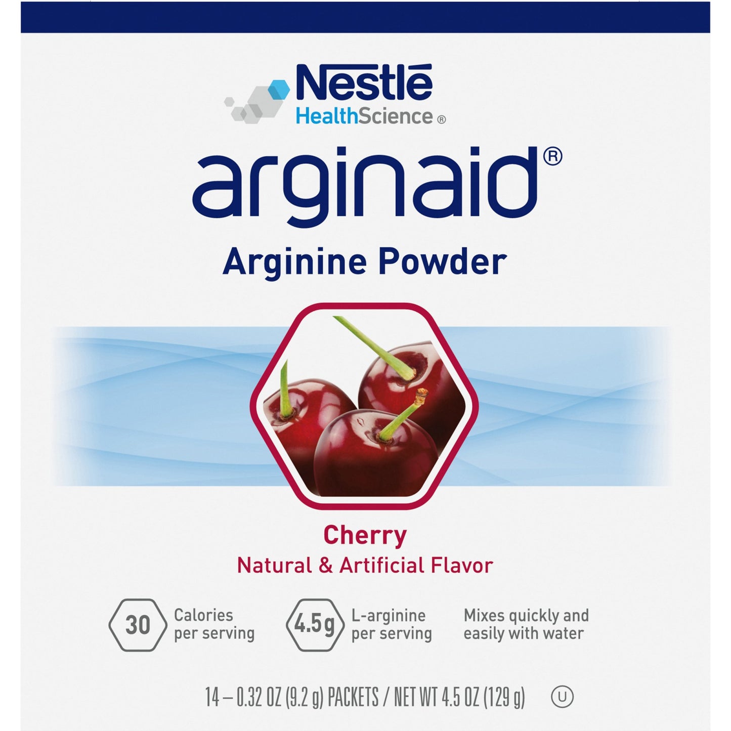 Nestle arginaid Arginine Powder Cherry flavor packaging on a white background